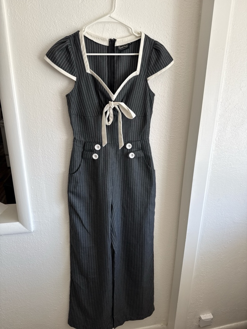 Voodoo Vixen Black Pinstripe Tie-Front Jumpsuit with Cream Trim